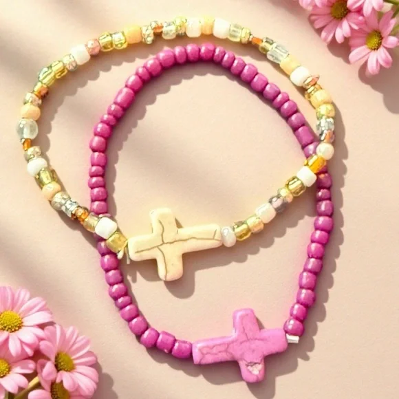 Hand Crafted Pink and Cream Beaded Cross Bracelets - Picture 3 of 6